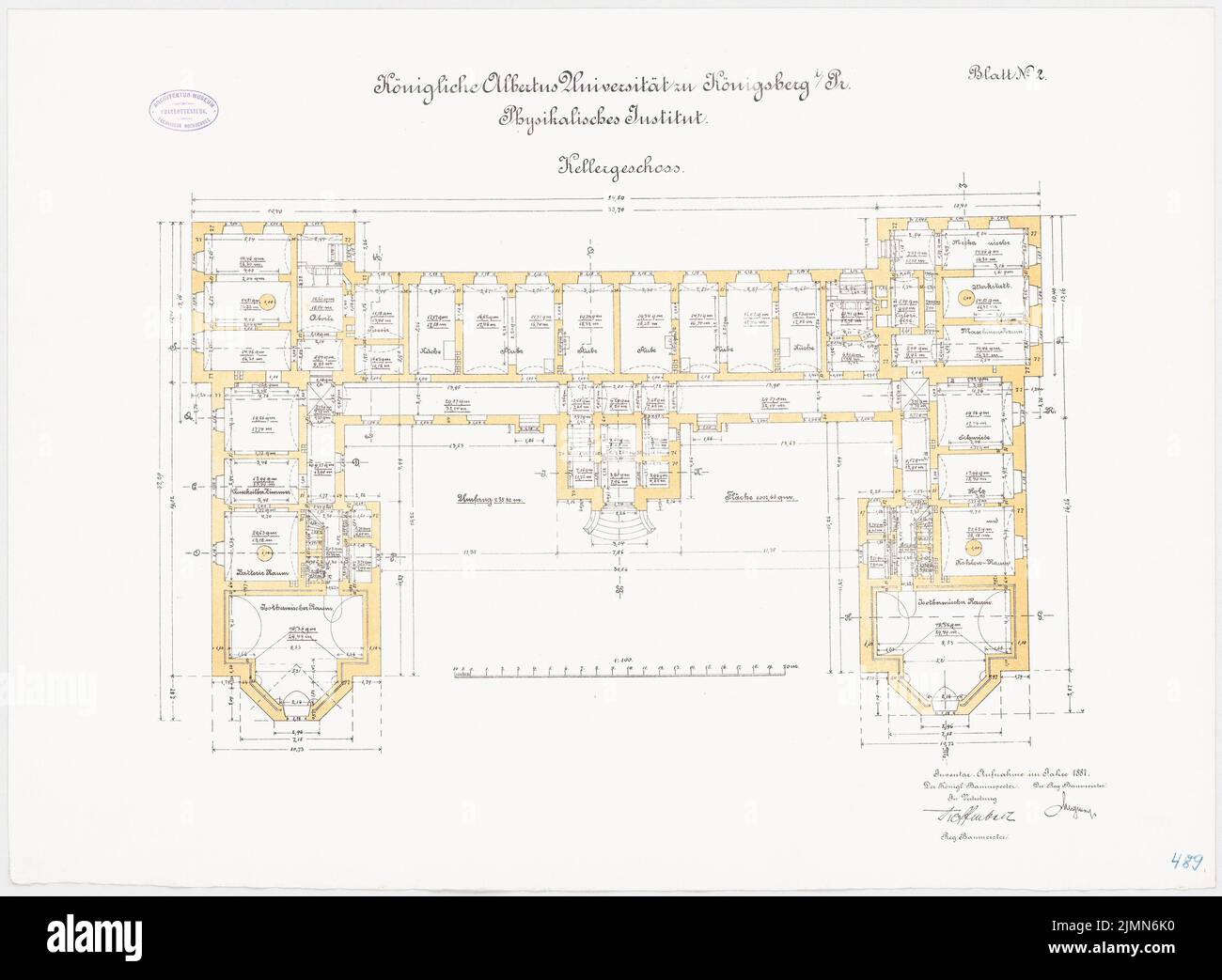 Kuttig Wilhelm, Institut physique de l'Université Albertus Königsberg (1887): Grundriss KG 1: 100. Lithographie, 58,2 x 79,4 cm (y compris les bords de balayage) Banque D'Images