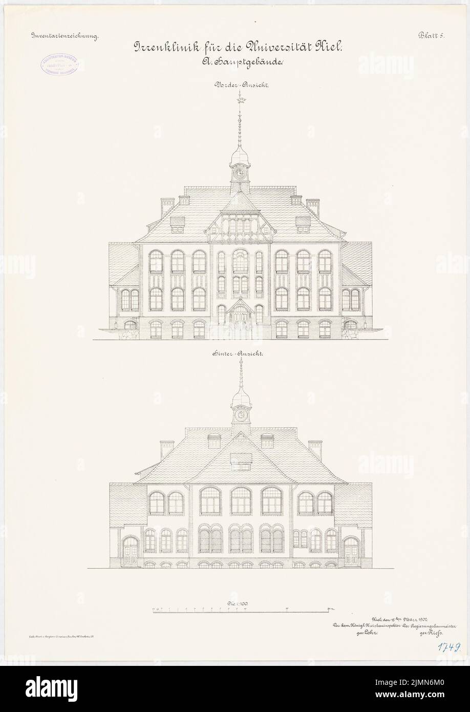 Architecte inconnu, clinique du fou de l'Université Christian Albrechts à Kiel. Bâtiment principal (env 1902) : vue avant et vue arrière 1 : 100. Lithographie, 79,2 x 55,9 cm (y compris les bords de balayage) Banque D'Images