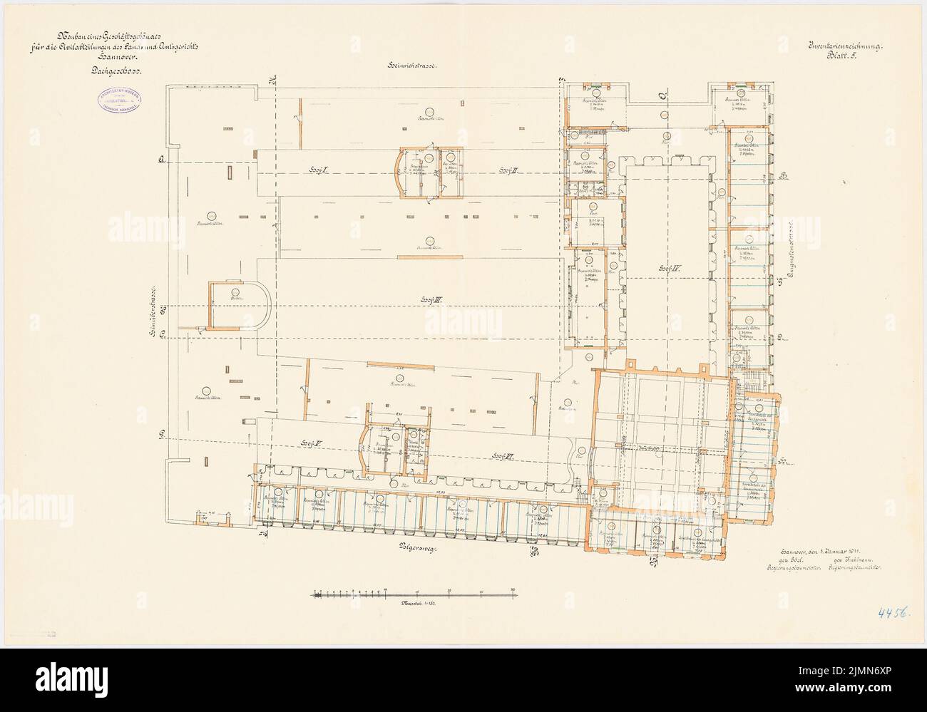 Architecte inconnu, quartier et cour de district à Hanovre (env 1911): plan d'étage dernier étage 1: 150. Lithographie, 67,3 x 96,1 cm (y compris les bords de balayage) Banque D'Images