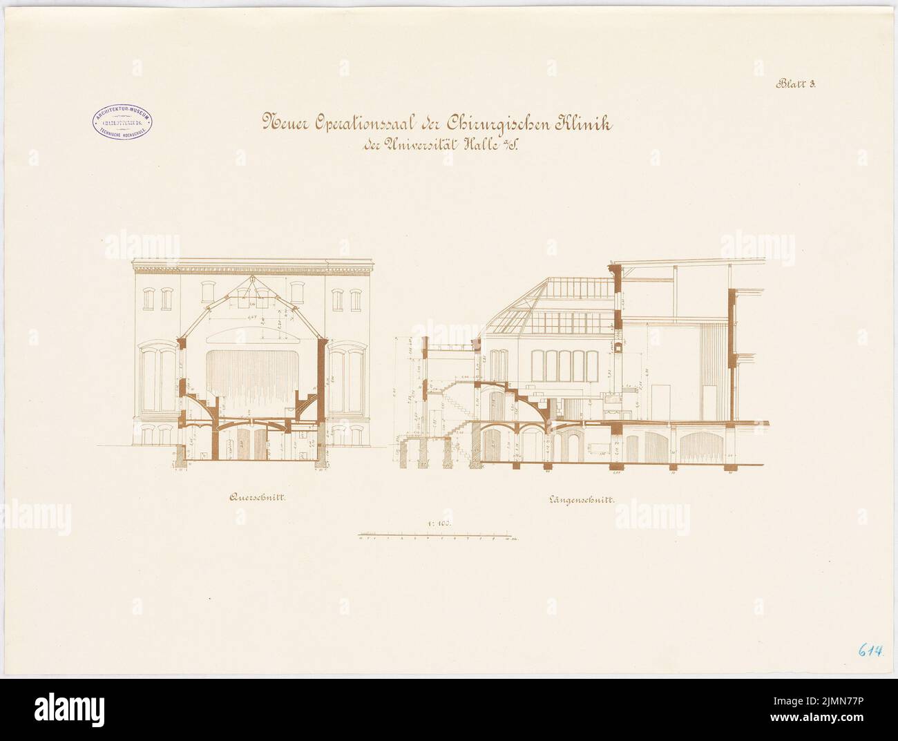 Architecte inconnu, clinique chirurgicale de l'Université Martin Luther Halle/Saale (env 1892/1893): Section longitudinale, section transversale 1: 100. Lithographie, 51,1 x 67,6 cm (y compris les bords de balayage) Banque D'Images