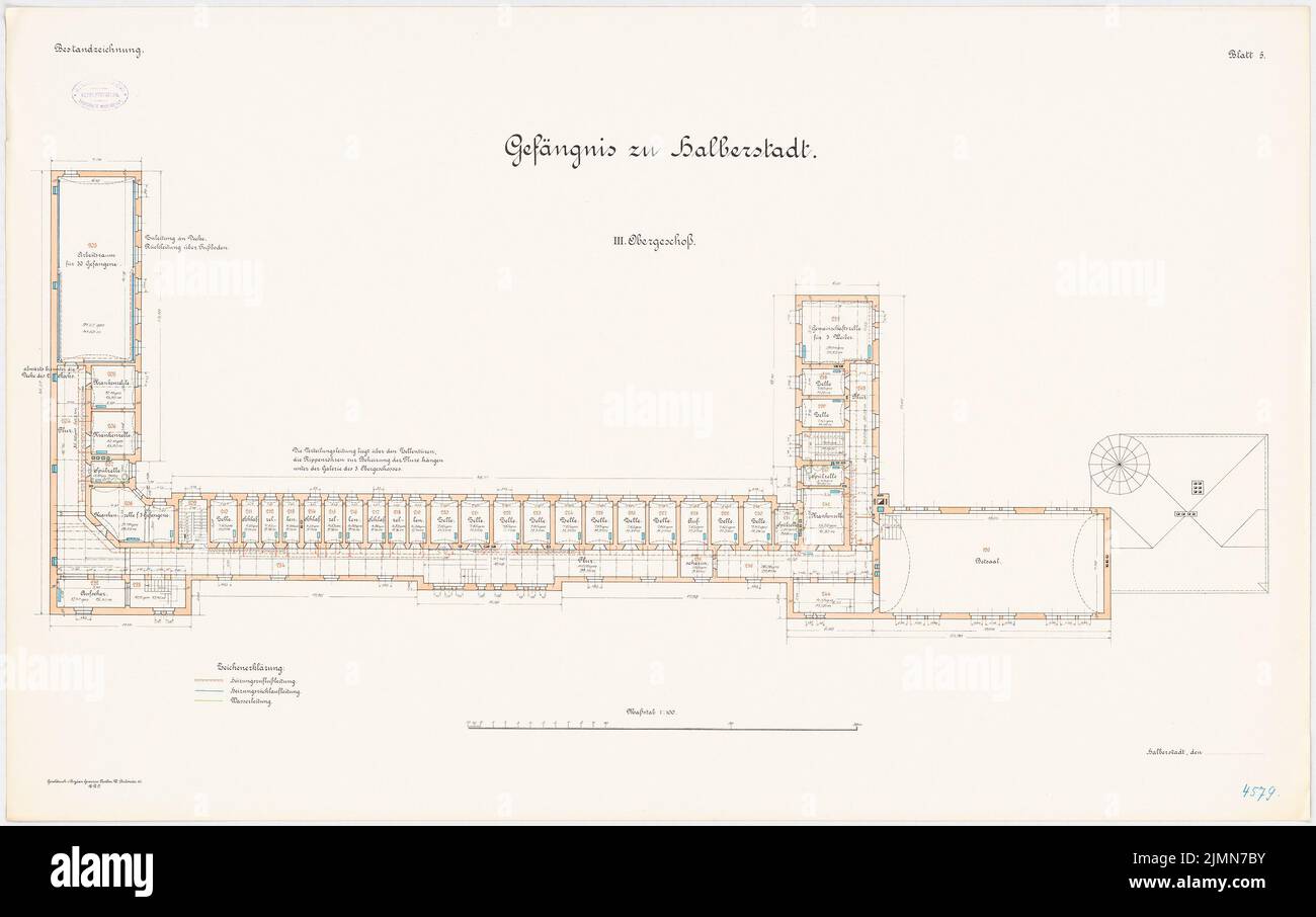 Architecte inconnu, cour de district et prison à Halberstadt. Prison (1896): Grundriss 3rd étage supérieur 1: 100. Lithographie, 65,7 x 104,6 cm (y compris les bords de balayage) Banque D'Images