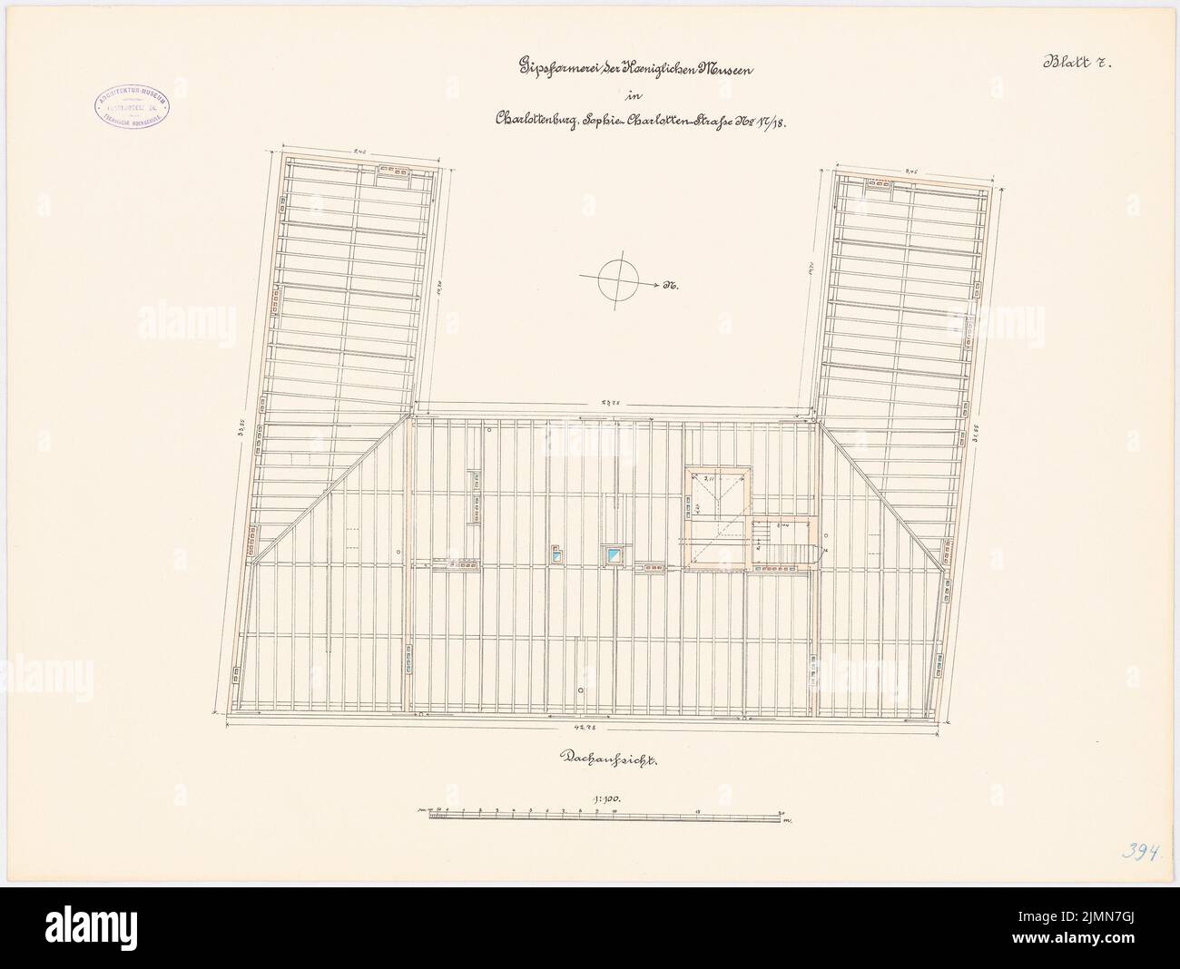 Architecte inconnu, plâtre des Musées royaux, Berlin-Charlottenburg (env 1892): chevrons de plan d'étage (supervision de toit) 1: 100. Lithographie, 53,4 x 71 cm (y compris les bords de balayage) Banque D'Images