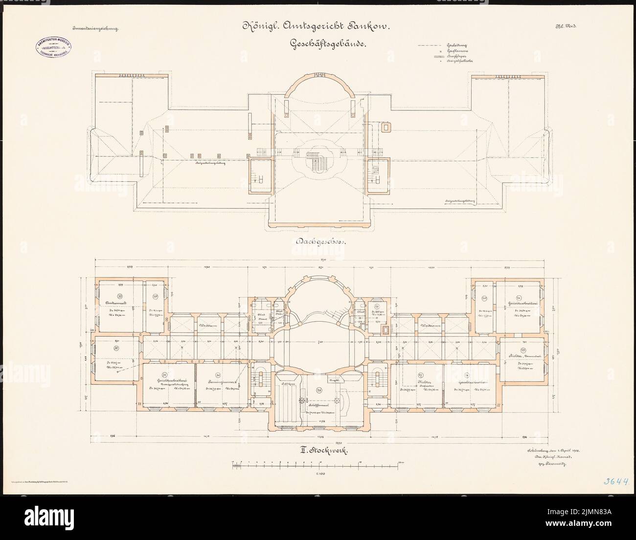 Thoemer & Mönnich, District court Berlin-Pankow (1902-1906): Plan d'étage 2nd étage, grenier 1: 100. Lithographie, 63 x 80,7 cm (y compris les bords de balayage) Banque D'Images