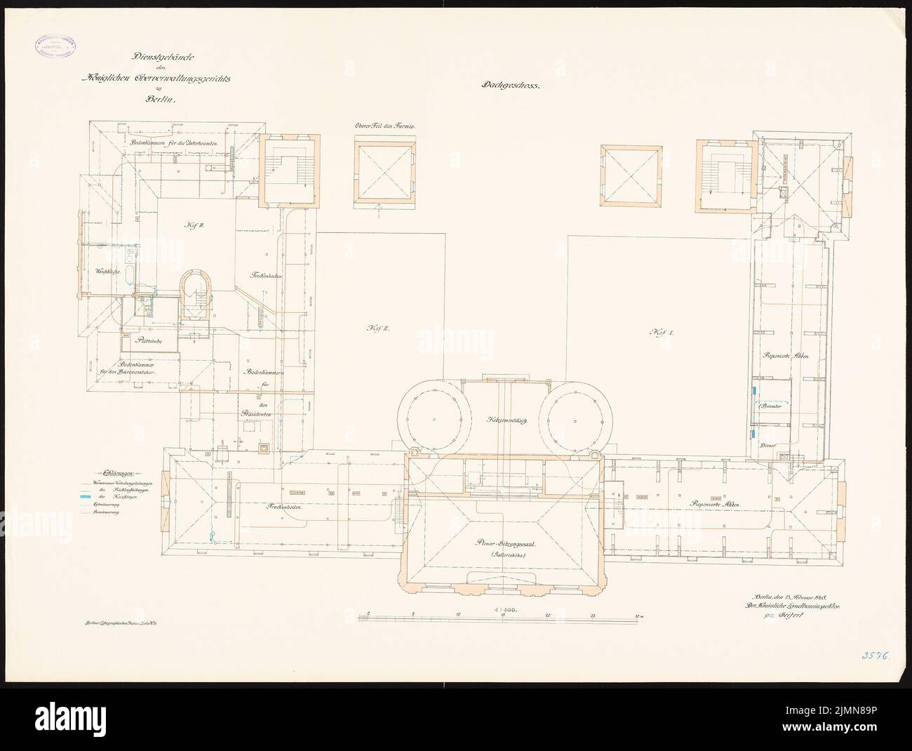 Kieschke Paul (1851-1905), Tribunal administratif supérieur de Berlin-Charlottenburg (1905-1907): Plan d'étage dernier étage 1: 100. Lithographie, 76,3 x 101,1 cm (y compris les bords de balayage) Banque D'Images