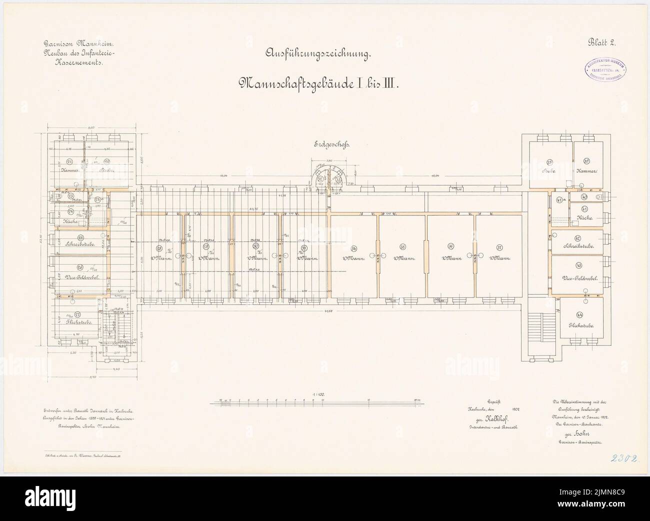 Jannasch, garnison de la barrière d'infanterie de Mannheim. Construction d'équipe (1899-1901): I à III: Plan d'étage rez-de-chaussée 1: 100. Lithographie, 51,6 x 70,5 cm (y compris les bords de balayage) Banque D'Images