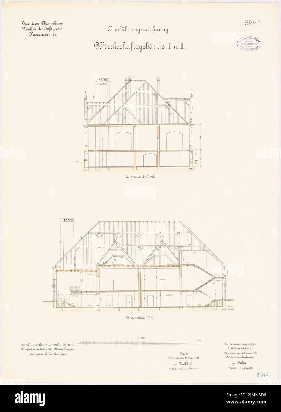 Jannasch, garnison de la barrière d'infanterie de Mannheim. Bâtiments agricoles I et II (1899-1901) : section longitudinale, section transversale 1 : 100. Lithographie, 70,7 x 51,6 cm (y compris les bords de balayage) Banque D'Images