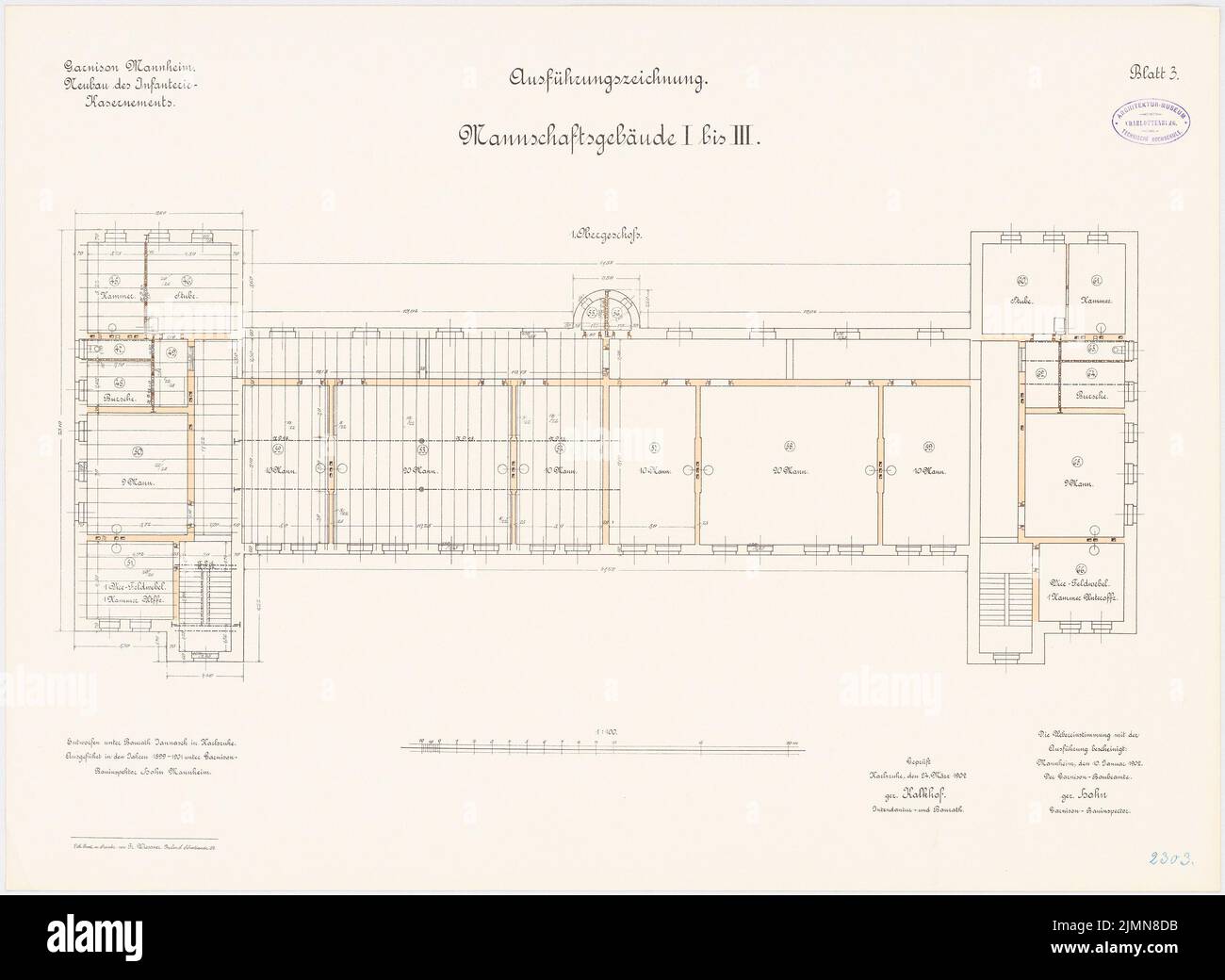 Jannasch, garnison de la barrière d'infanterie de Mannheim. Construction d'équipes (1899-1901): I à III: Plan d'étage 1: Étage supérieur 1: 100. Lithographie, 51,4 x 70,4 cm (y compris les bords de balayage) Banque D'Images