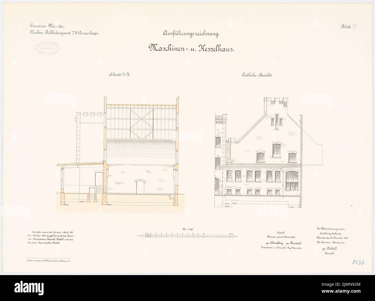 Hahn, bureau de vêtements du VII Corps de l'armée à Münster (1898-1901): Kessel- und machine House: Ostern View, coupe 1: 100. Lithographie, 52,1 x 71 cm (y compris les bords de balayage) Banque D'Images