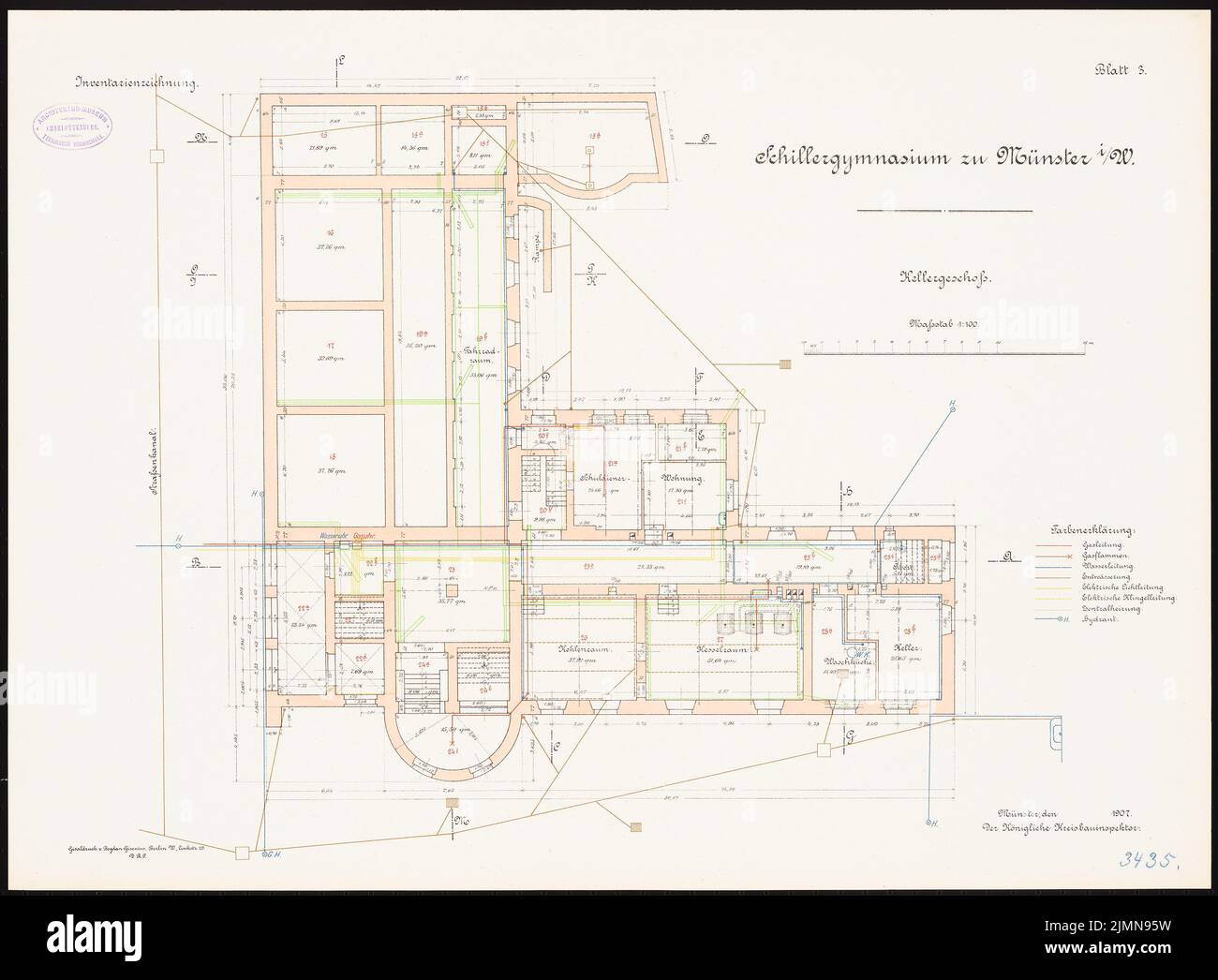 Architecte inconnu, Schillergymnase à Münster (1907): Grundriss Keller 1: 100. Lithographie, 50,7 x 68,9 cm (y compris les bords de balayage) Banque D'Images