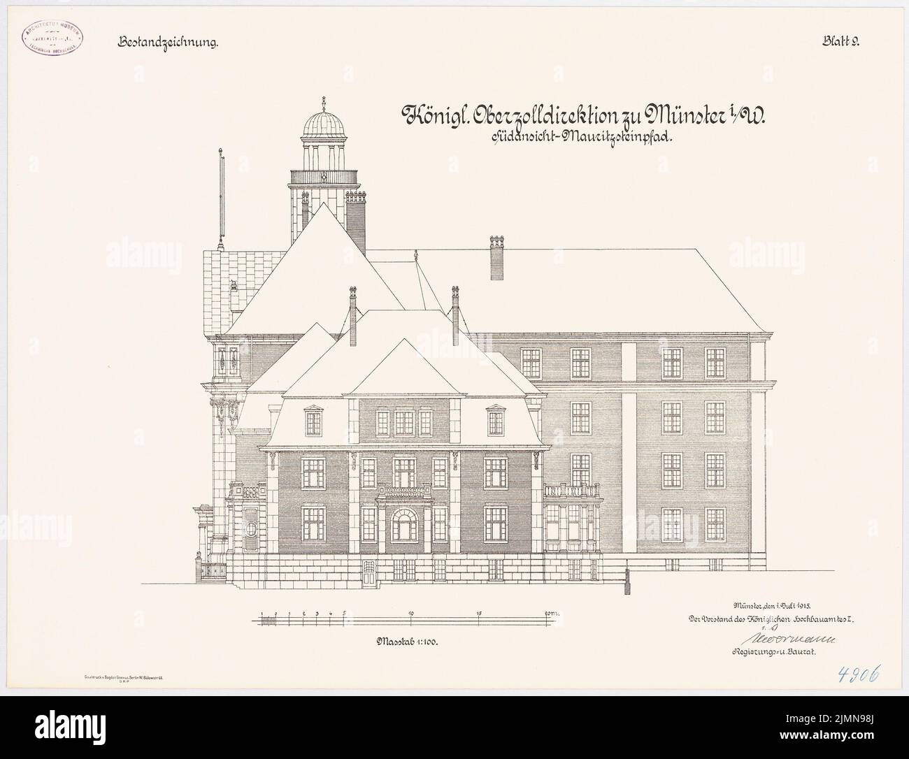 Architecte inconnu, Direction générale des douanes à Münster (1915): RISS Südsicht 1: 100. Lithographie, 51,3 x 67 cm (y compris les bords de balayage) Banque D'Images