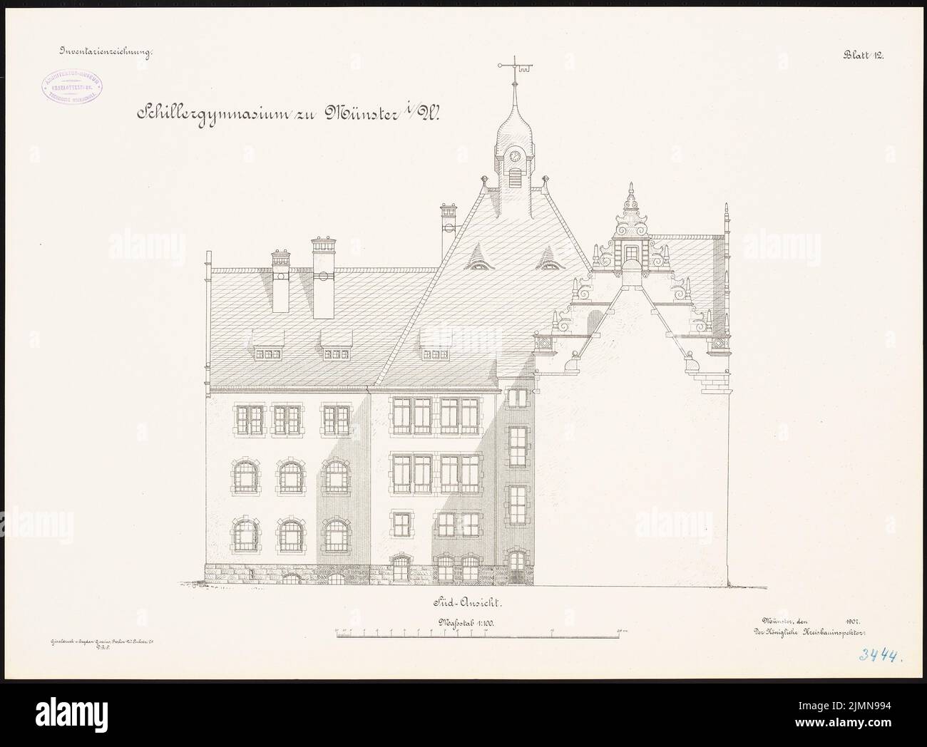 Architecte inconnu, Schillergymnase à Münster (1907): RISS Südspart 1: 100. Lithographie, 50,7 x 68,8 cm (y compris les bords de balayage) Banque D'Images