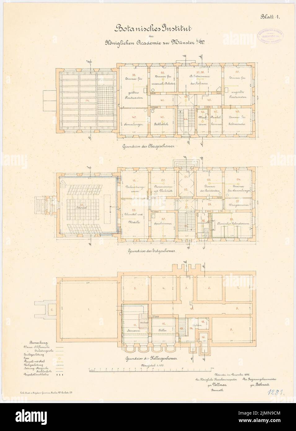 Architecte inconnu, Université de Münster. Institut botanique (1896): Grundliss Keller, rez-de-chaussée, étage supérieur 1: 100. Lithographie, 69 x 50,8 cm (y compris les bords de balayage) Banque D'Images