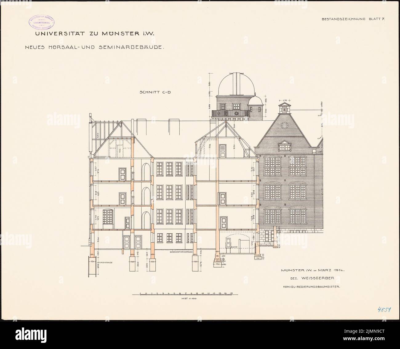 Weißgerber Otto, salle de conférence et bâtiment de séminaire de l'Université de Münster (1914) : section longitudinale 1 : 100. Lithographie, 56,5 x 70,2 cm (y compris les bords de balayage) Banque D'Images