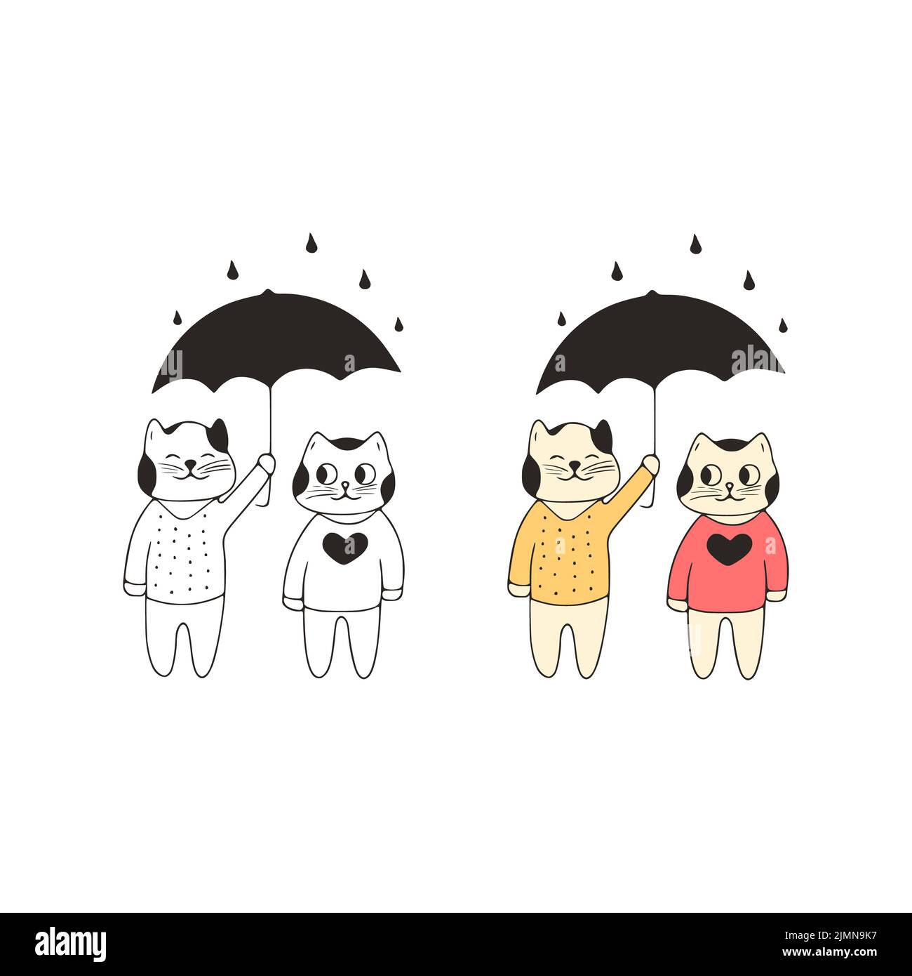 Couple drôle de chats avec parapluie Doodle icône. Animaux de compagnie mignons art vectoriel sur fond blanc. Banque D'Images