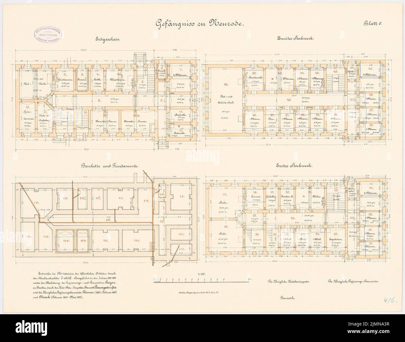 Endell Karl Friedrich (1843-1891), Cour de district et prison de Neurode (1887-1890): Prison: Plan d'étage Bankette et fondations, rez-de-chaussée, 1st et 2nd étages 1: 100. Lithographie, 50,7 x 65,4 cm (y compris les bords de balayage) Banque D'Images