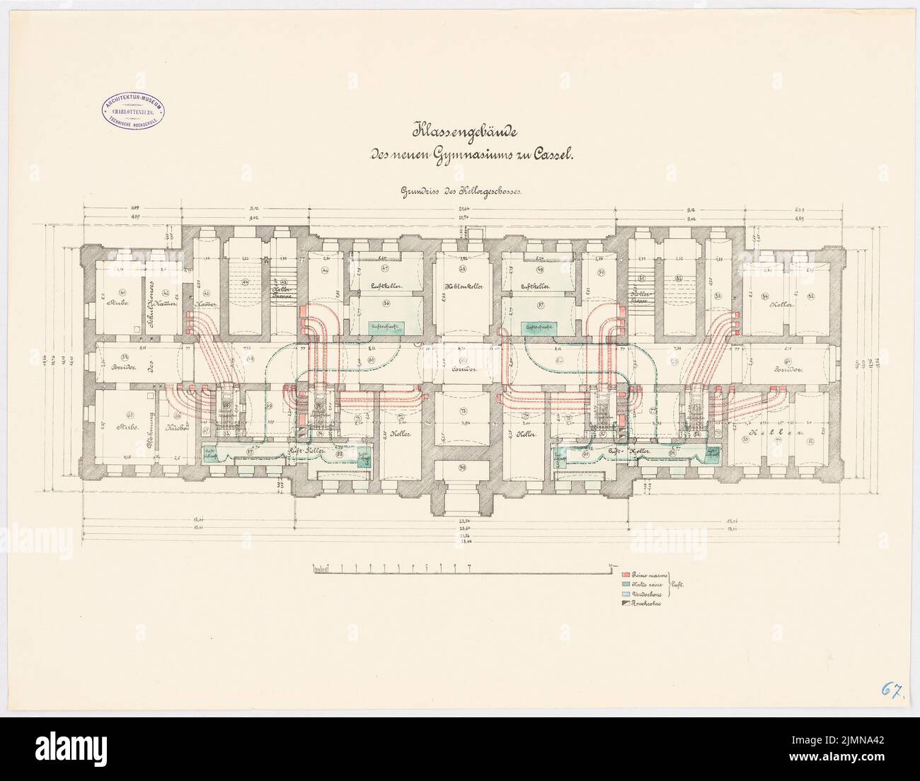 Architecte inconnu, lycée, Kassel. Bâtiment de classe (env 1886): Plan d'étage KG 1: 100. Lithographie, 51,3 x 65,8 cm (y compris les bords de balayage) Banque D'Images