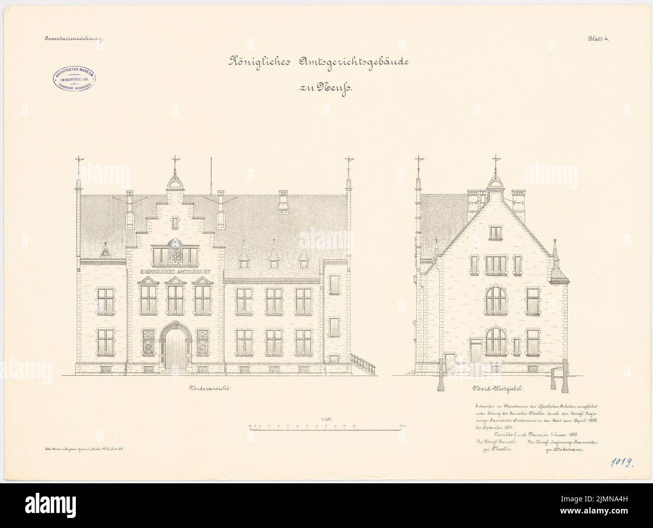 Architecte inconnu, cour de district à Neuss (1892-1894): Vue de face du RISS, vue de pignon nord-ouest 1: 100. Lithographie, 50,9 x 68,9 cm (y compris les bords de balayage) Banque D'Images