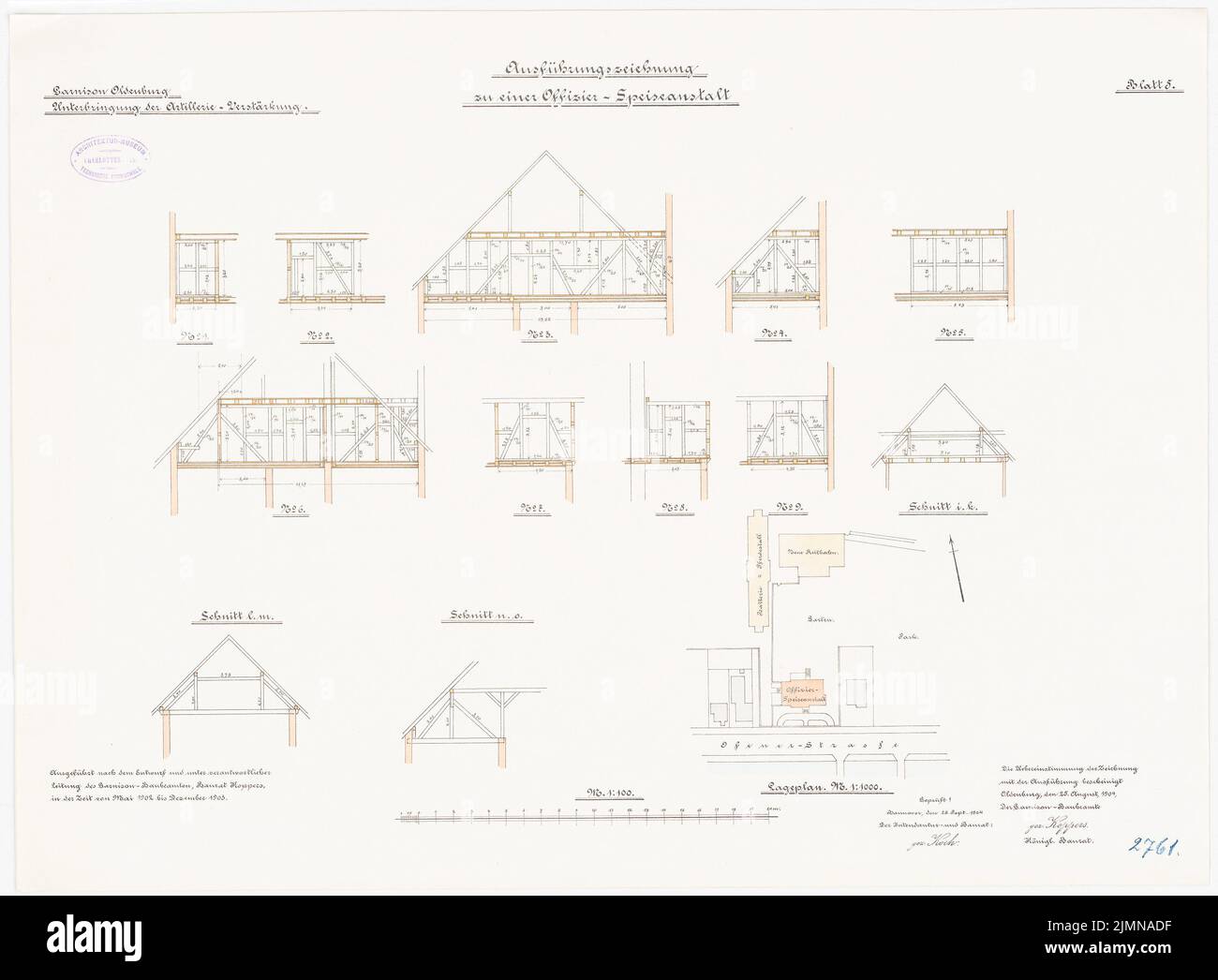 Koppers, officiers à Oldenburg/Holstein (1902-1903): Département 1: 1000. Plan d'étage construction de toit 1: 100. Lithographie, 50,1 x 68,1 cm (y compris les bords de balayage) Banque D'Images