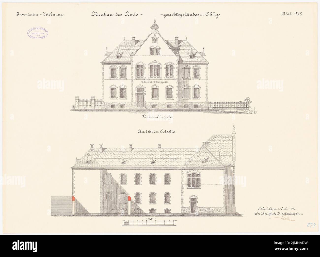 Architecte inconnu, cour de district à Solingen-Ohligs (1895): Vue haute Vorder, vue est 1: 100. Lithographie, 51,6 x 70 cm (y compris les bords de balayage) Banque D'Images