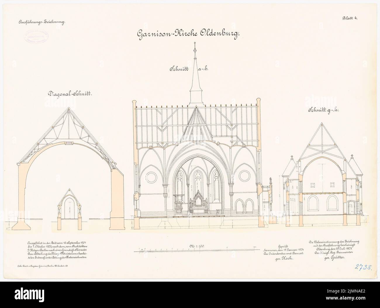 Kröger Jürgen (1856-1928), église de garnison à Oldenburg/Holstein (1901-1903): Sections transversales 1: 100. Lithographie, 51,2 x 69,1 cm (y compris les bords de balayage) Banque D'Images