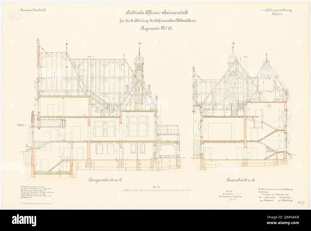 Architecte inconnu, officier de garnison casino à Osnabrück (1902-1903): Section longitudinale, section transversale 1:50. Lithographie, 71,3 x 105,9 cm (y compris les bords de balayage) Banque D'Images