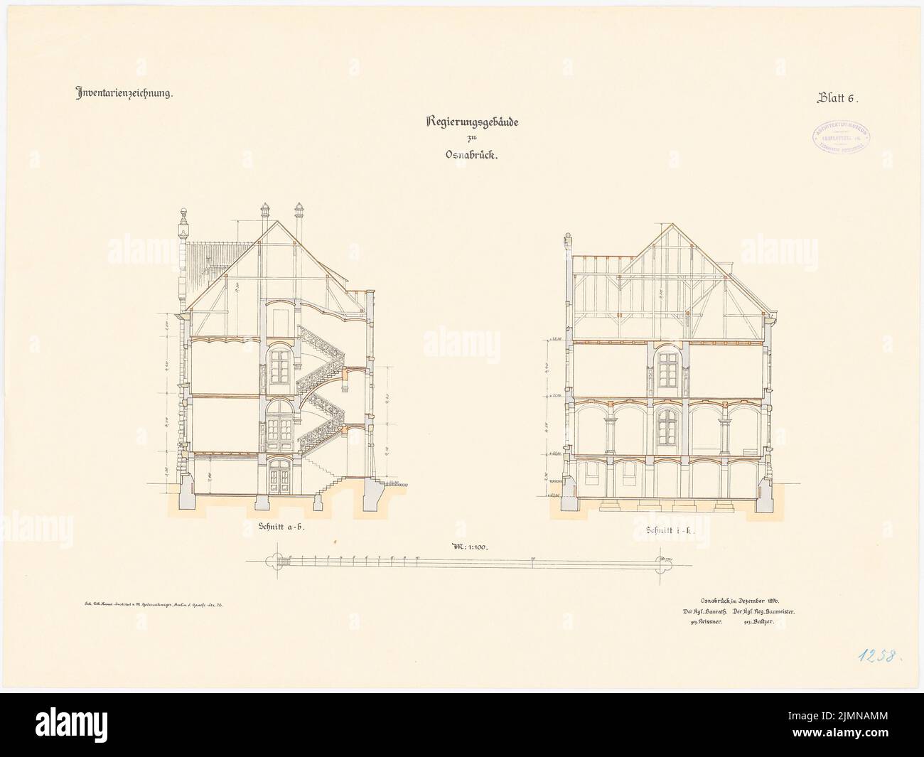 Architecte inconnu, bâtiment du gouvernement à Osnabrück (1896): Sections croisées 1: 100. Lithographie, 54,1 x 72,1 cm (y compris les bords de balayage) Banque D'Images