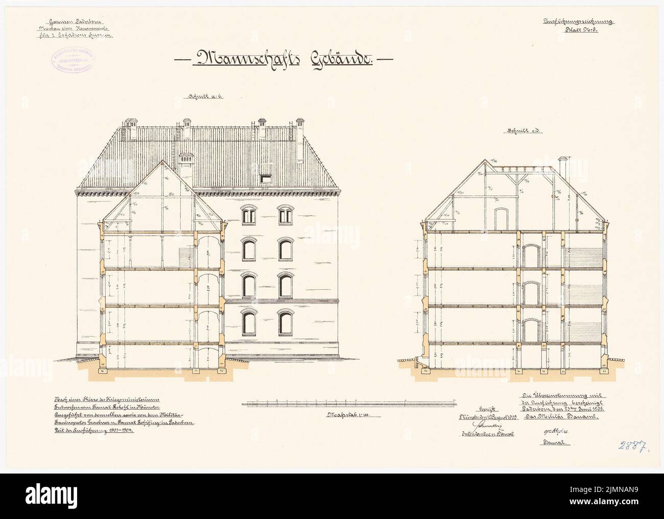 Choux crus, casernes pour 2 escadrons hussards à Paderborn (1901-1904): Construction d'équipes: Coupes transversales 1: 100. Lithographie, 48,1 x 67,5 cm (y compris les bords de balayage) Banque D'Images