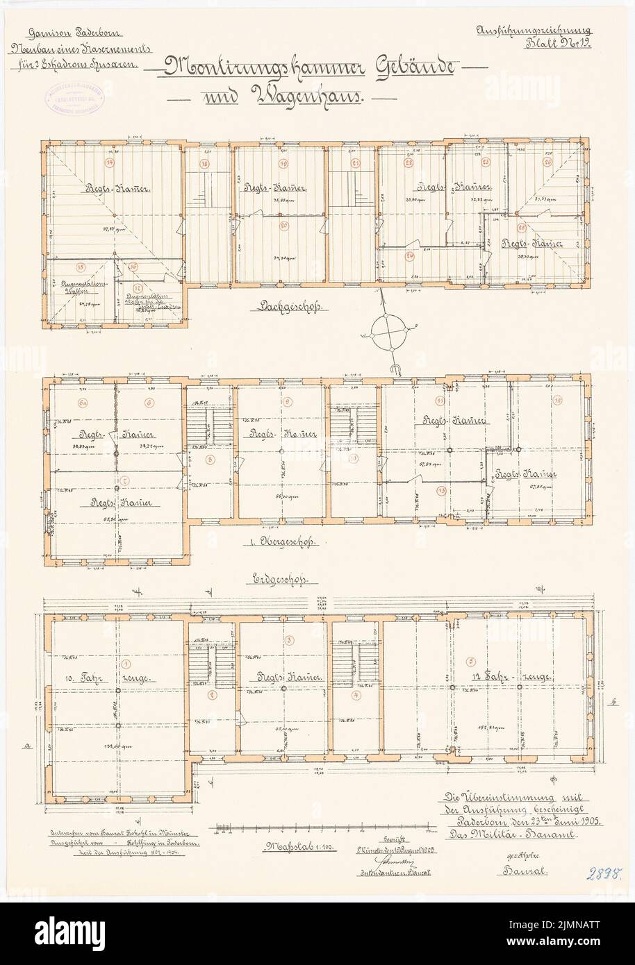 Choux crus, casernes pour 2 escadrons hussars à Paderborn (1901-1904): Montage de la chambre de construction et de la maison de wagon: Plan d'étage rez-de-chaussée, étage supérieur, grenier 1: 100. Lithographie, 68 x 47,8 cm (y compris les bords de balayage) Banque D'Images