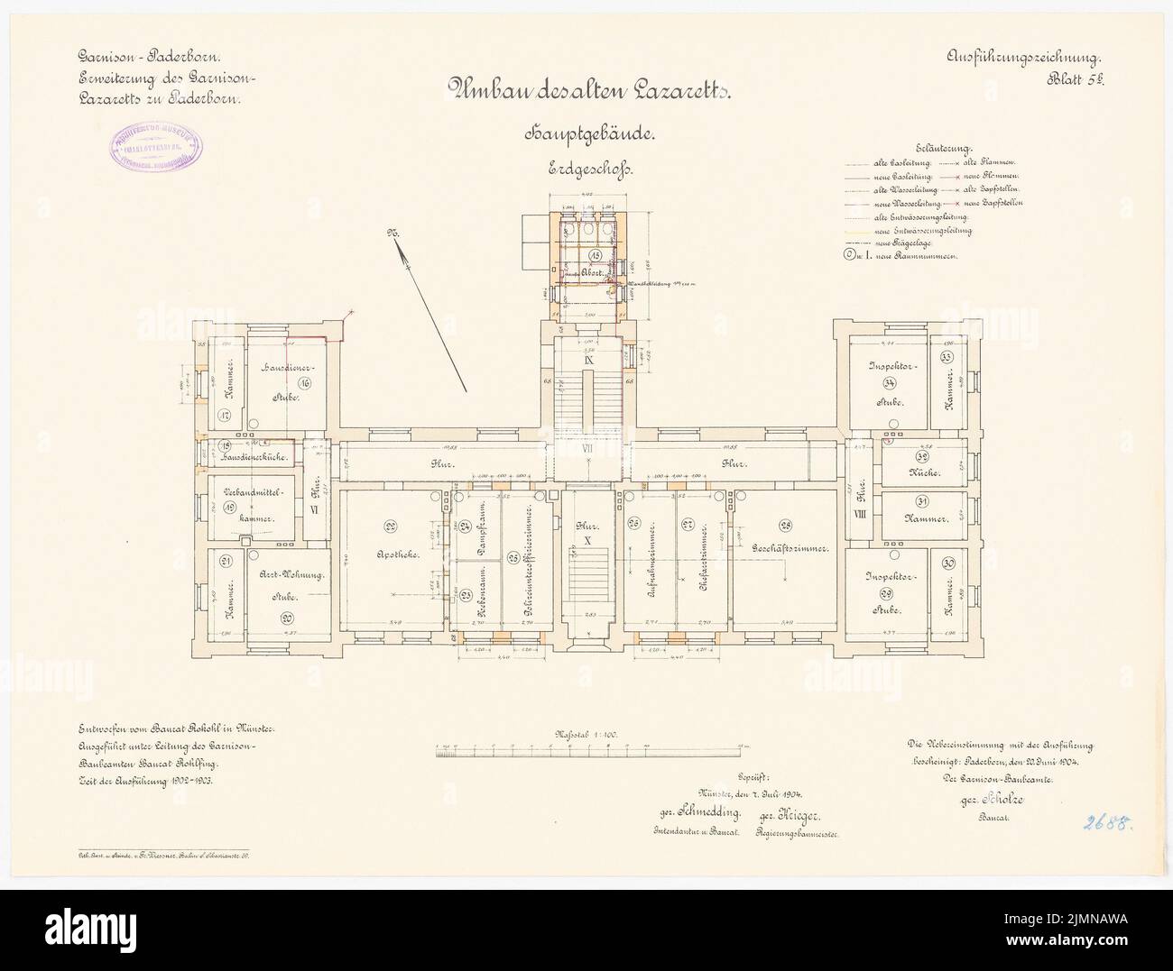 Chou cru, hôpital de garnison à Paderborn. Agrandissement (1902-1903): Conversion de l'ancien hôpital: Plan d'étage rez-de-chaussée 1: 100. Lithographie, 46,3 x 61 cm (y compris les bords de balayage) Banque D'Images