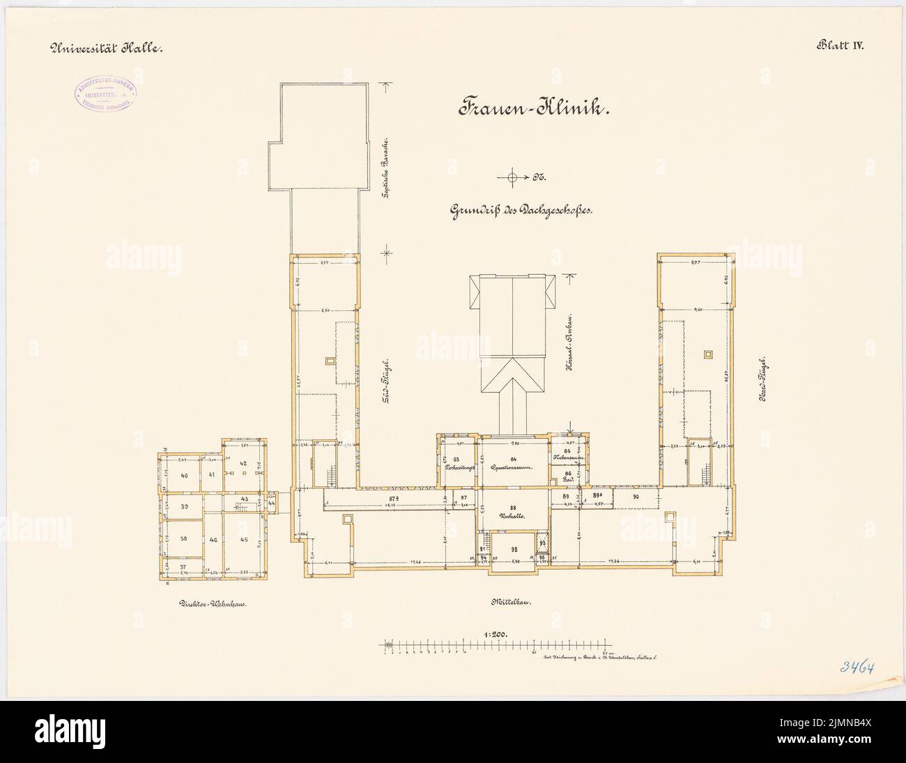 Architecte inconnu, clinique féminine de l'Université Martin Luther Halle/Saale (env 1908-1910): plan d'étage dernier étage 1: 100. Lithographie, 50,7 x 65,5 cm (y compris les bords de balayage) Banque D'Images