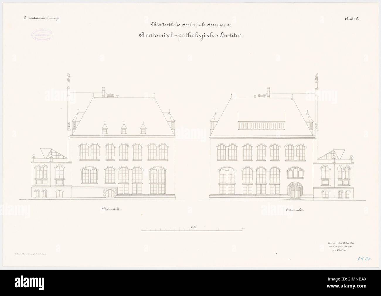 Architecte inconnu, université vétérinaire à Hanovre. institut anatomique-pathologique (env 1900): Vue ostern, vue ouest 1: 100. Lithographie, 56,1 x 79,2 cm (y compris les bords de balayage) Banque D'Images