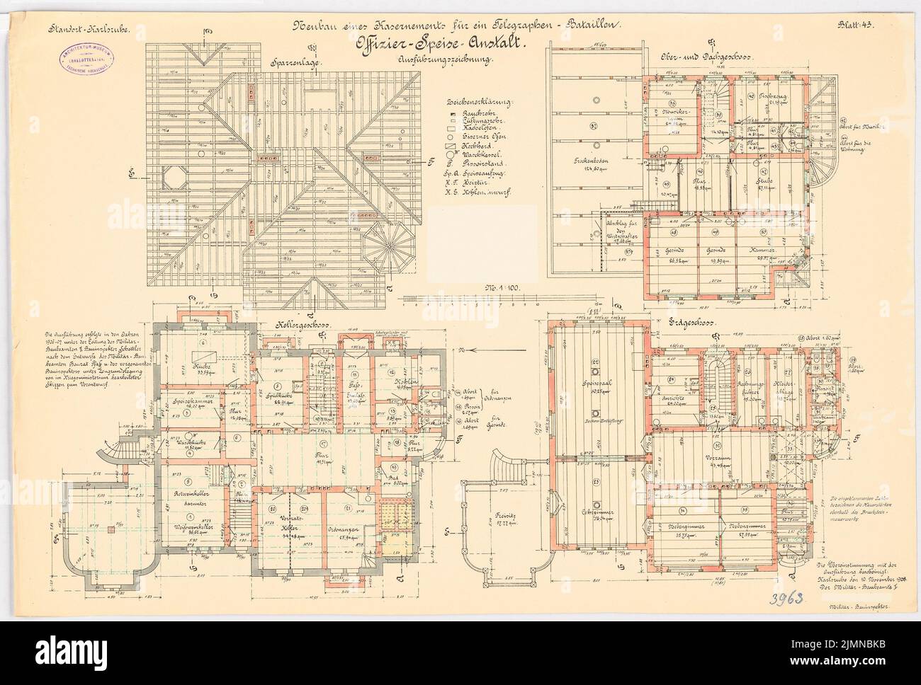 Pfaff, casernes pour un bataillon de télégraphe, Karlsruhe. Officer-Speise Institute (1906-1907): Grundriss KG, EG, OG (DG), rafters, 1: 100. Lithographie, 51,5 x 76,3 cm (y compris les bords de balayage) Banque D'Images