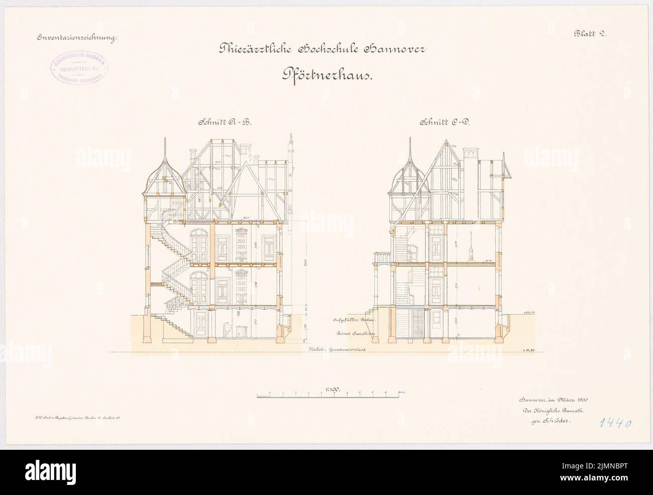 Architecte inconnu, université vétérinaire à Hanovre. Portier (env 1900) : section longitudinale, section transversale 1 : 100. Lithographie, 34,9 x 50,7 cm (y compris les bords de balayage) Banque D'Images