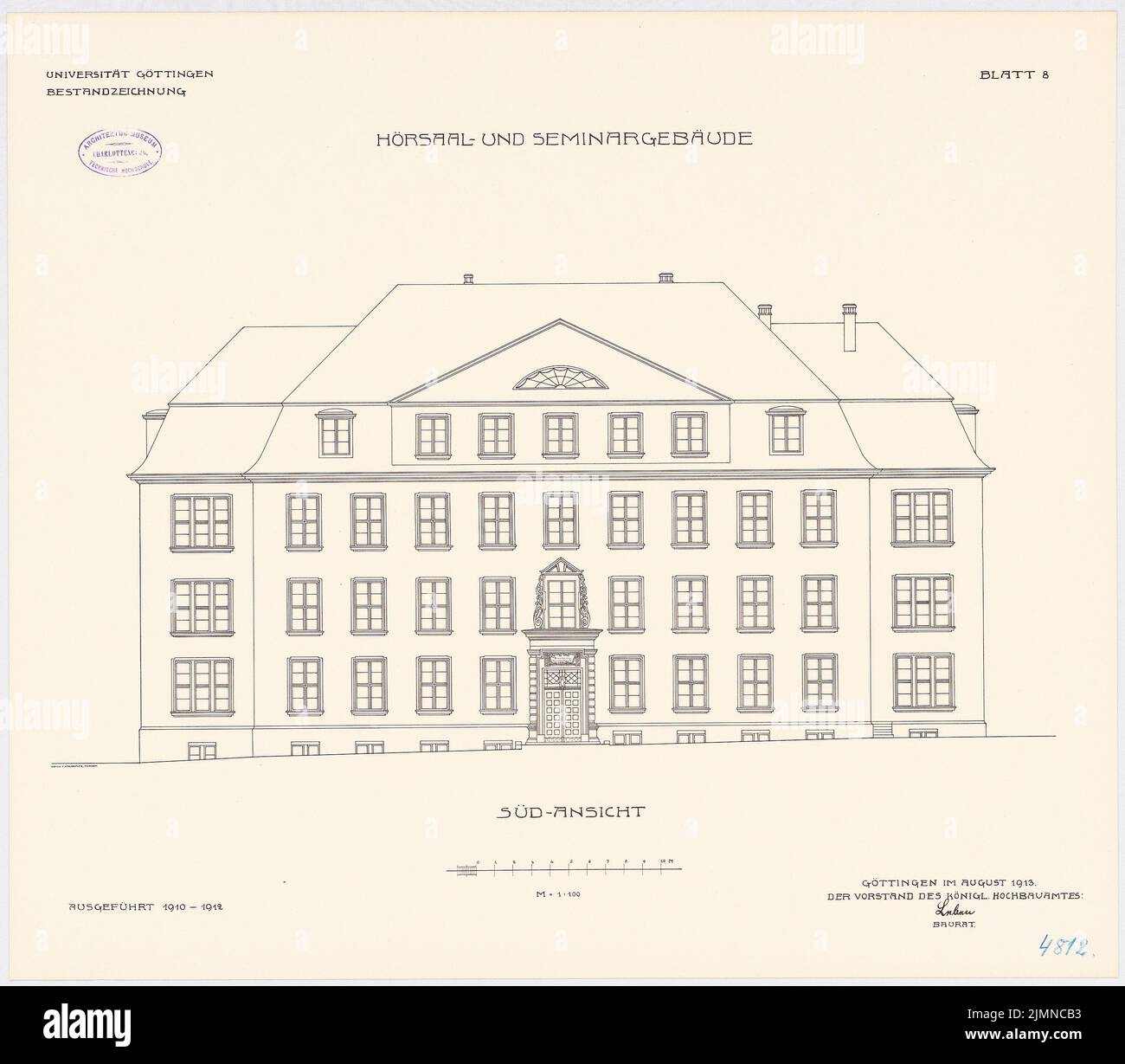 Thür Georg (1846-1924), salle de conférence et bâtiment de séminaire de l'Université de Göttingen (1910-1912): Vue du Sud 1: 100. Lithographie, 53,2 x 60,7 cm (y compris les bords de balayage) Banque D'Images