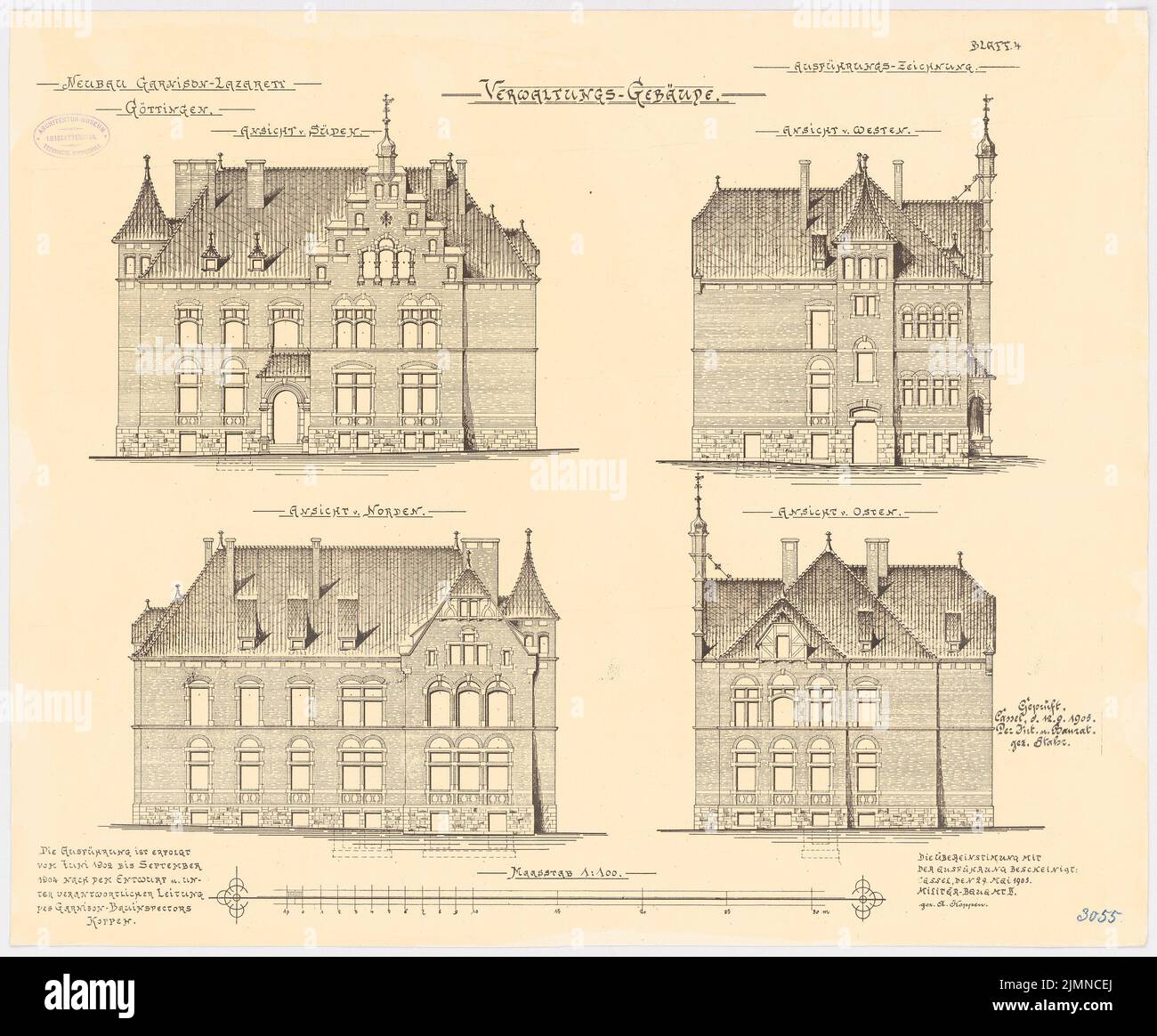 Koppen, hôpital de garnison à Göttingen. Bâtiment administratif (1902-1904) : vue du nord, vue du sud, vue de l'ouest, vue de l'est 1 : 100. Lithographie, 56,3 x 68,2 cm (y compris les bords de balayage) Banque D'Images