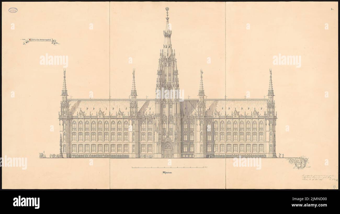 Elis Carl (1838-1889), Parlement prussien à Berlin. Concours Schinkel 1869 (17 juin 1869) : vertu de la façade avant. Encre, encre sur carton, 96,6 x 172,2 cm (y compris les bords de numérisation) Banque D'Images