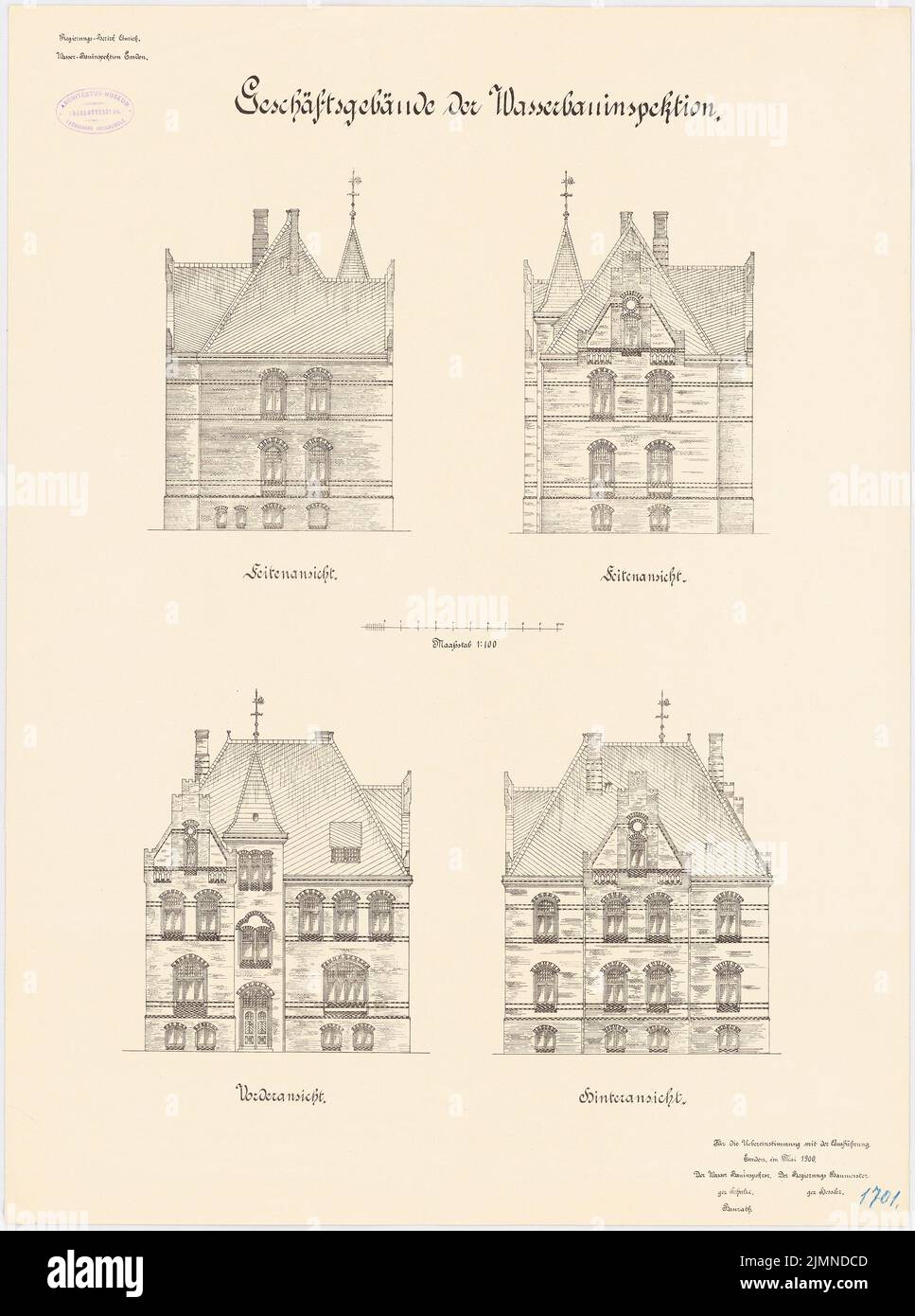 Architecte inconnu, bâtiment administratif de l'inspection du génie hydraulique à Emden (env 1900) : vue avant du RISS, vue arrière, vues latérales 1 : 100. Lithographie, 70,4 x 52,4 cm (y compris les bords de balayage) Banque D'Images