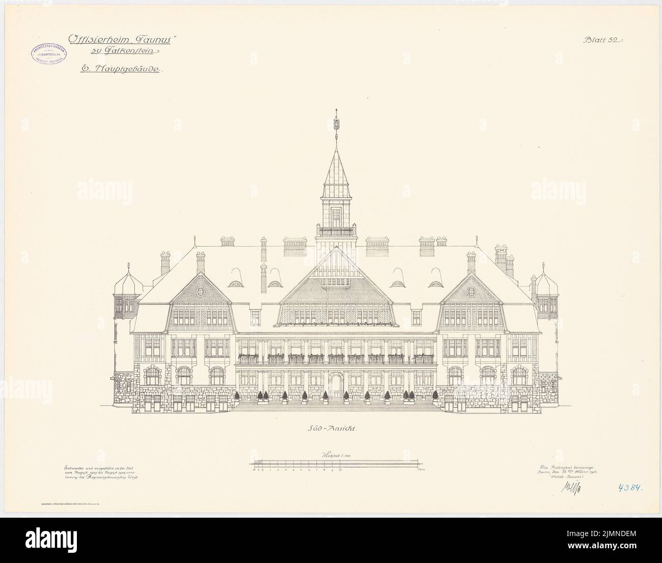 Architecte inconnu, Officersheim Taunus à Falkenstein. Bâtiment principal (1907-1909): RISS Süd View 1: 100. Lithographie, 66,3 x 84,8 cm (y compris les bords de balayage) Banque D'Images