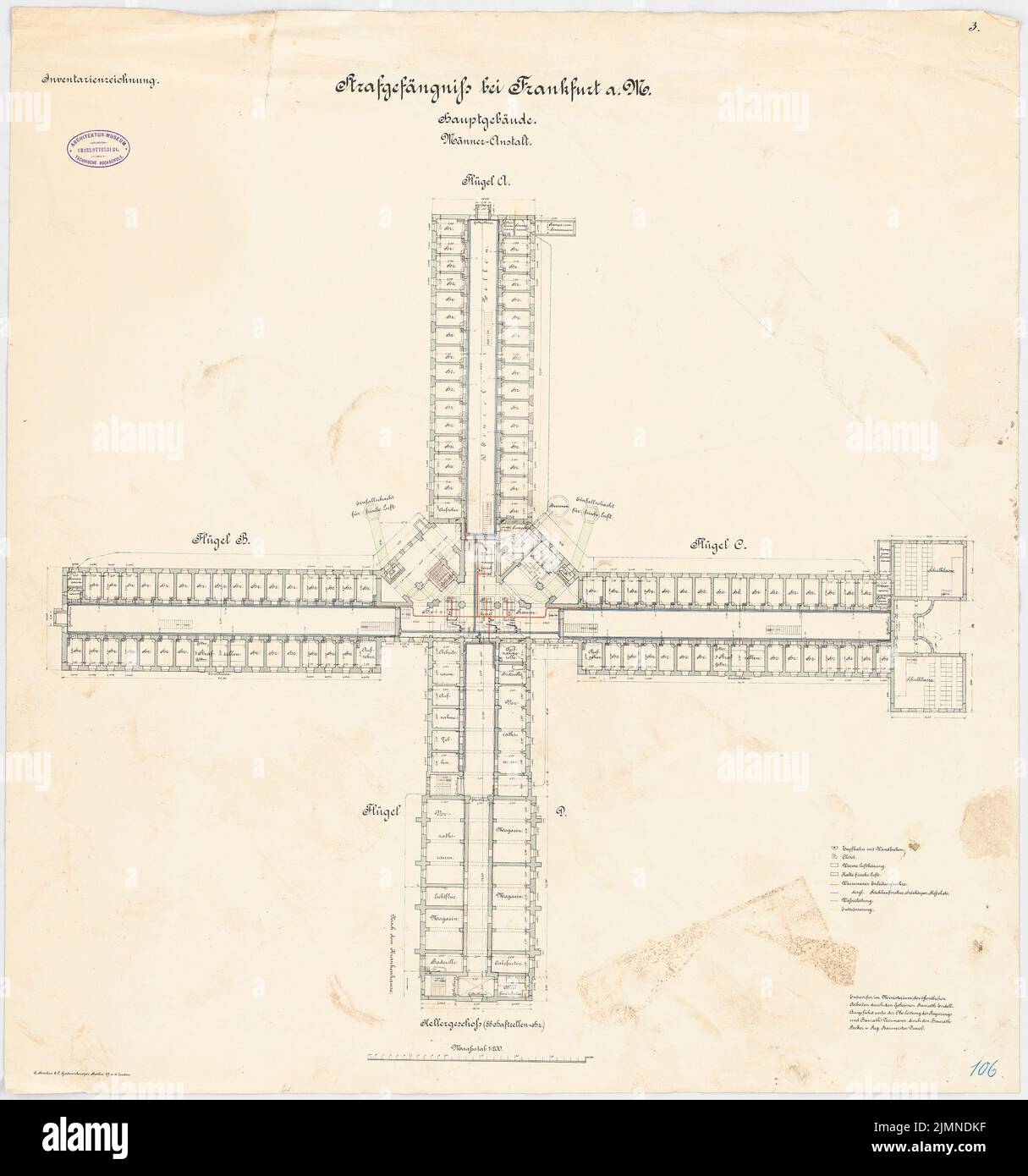 Endell Karl Friedrich (1843-1891), prison de Francfort-sur-le-main. Haupthaus - institution pour hommes (env 1888): Grundliss Keller 1: 200. Lithographie, 78,6 x 73,5 cm (y compris les bords de balayage) Banque D'Images