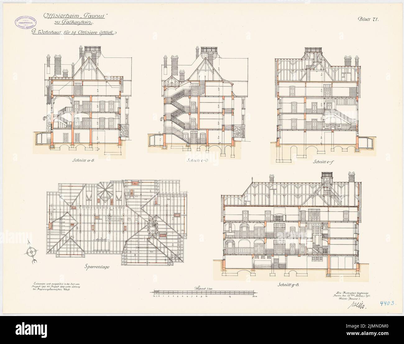 Architecte inconnu, Officersheim Taunus à Falkenstein. Immeuble résidentiel pour 14 officiers (est) (1907-1909): Rafters de plan d'étage, section longitudinale, sections transversales 1: 100. Lithographie, 66,4 x 84,9 cm (y compris les bords de balayage) Banque D'Images