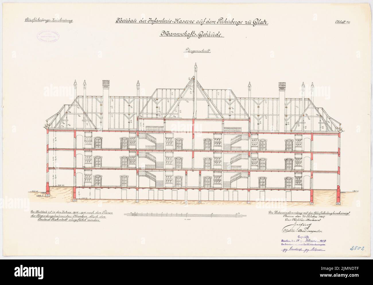 Architecte inconnu, caserne d'infanterie sur le Puhnberge à Glatz. Création d'équipes (1902-1906) : section longitudinale 1 : 100. Lithographie, 52,1 x 75 cm (y compris les bords de balayage) Banque D'Images