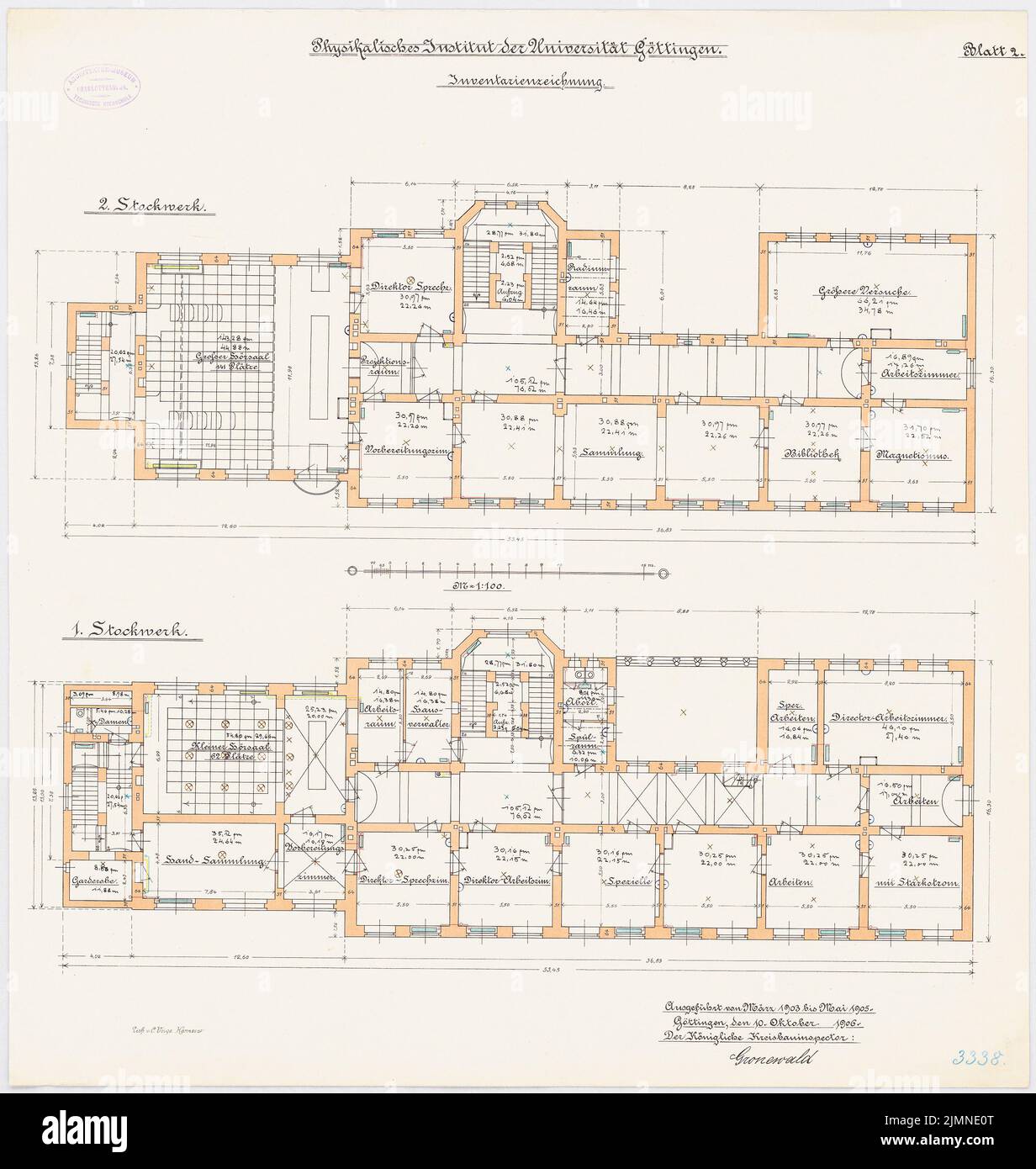 Thür Georg (1846-1924), Institut de physique de l'Université de Göttingen (1903-1905): Plan d'étage 1: 100. Lithographie, 63,9 x 60,6 cm (y compris les bords de balayage) Banque D'Images