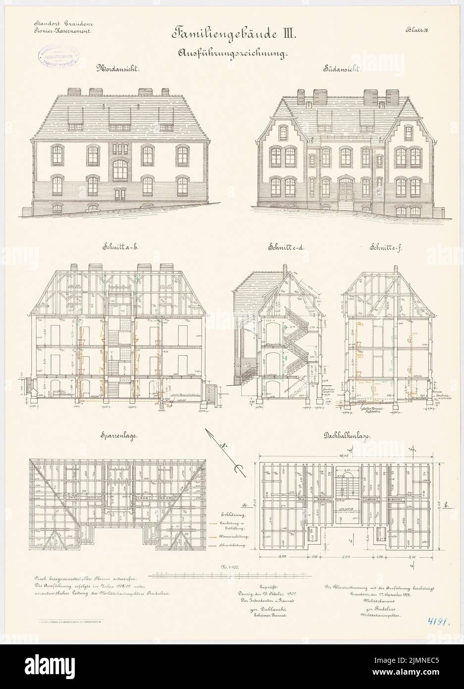 Rudelius, caserne pionnière à Graudenz. Maison résidentielle familiale III (1906-1907): Chevrons de plan d'étage, position de la poutre de toit, vue nord et vue sud, section longitudinale, sections transversales 1: 100. Lithographie, 70,8 x 51 cm (y compris les bords de balayage) Banque D'Images