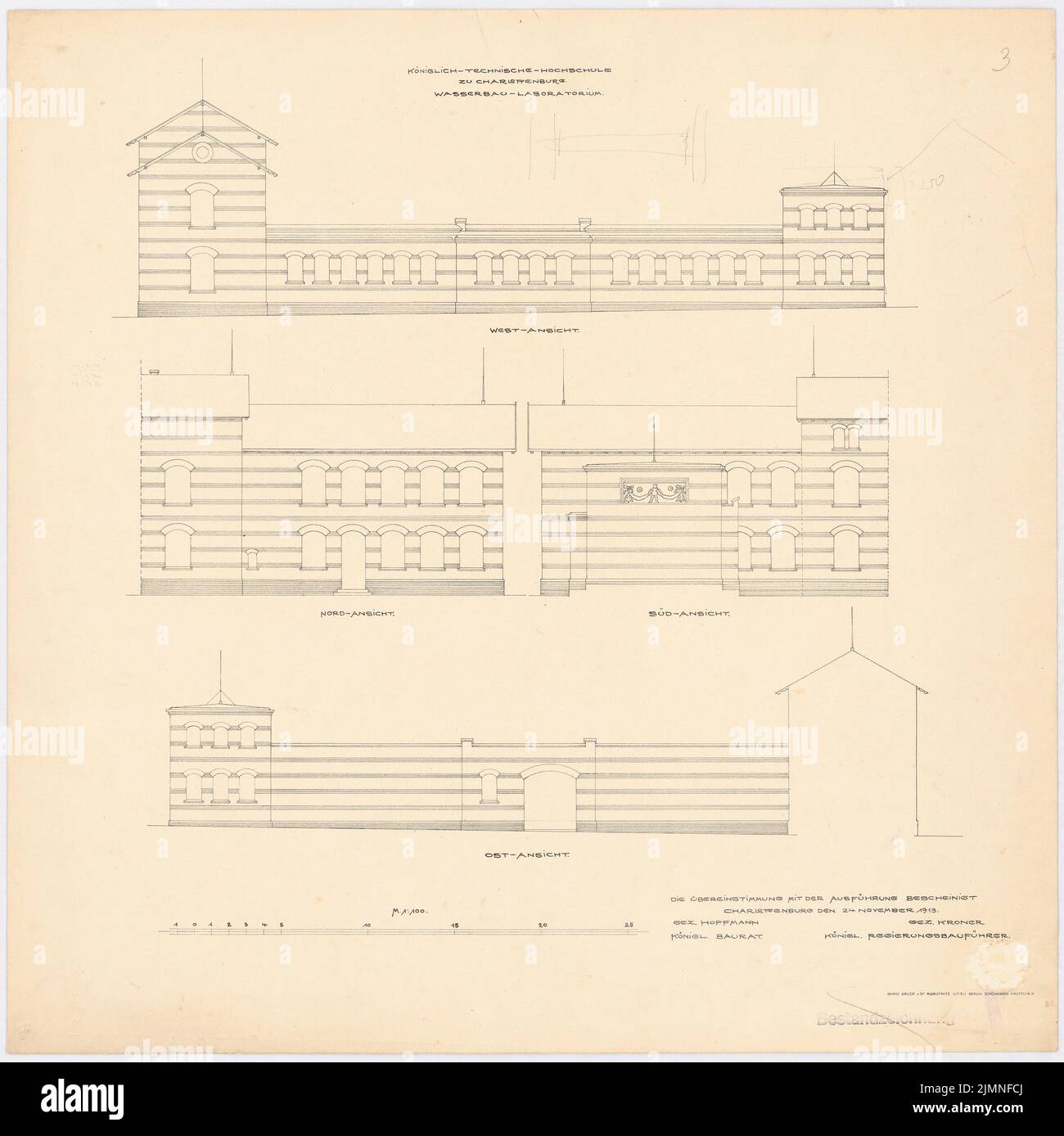 Hoffmann, Université technique Berlin-Charlottenburg. Laboratoire de Hyding (24 novembre 1913): Vue de l'Ouest, vue du Nord, vue du Sud, vue de l'est 1: 100. Lithographie sur carton, 60,4 x 60,4 cm (y compris les bords de numérisation) Banque D'Images