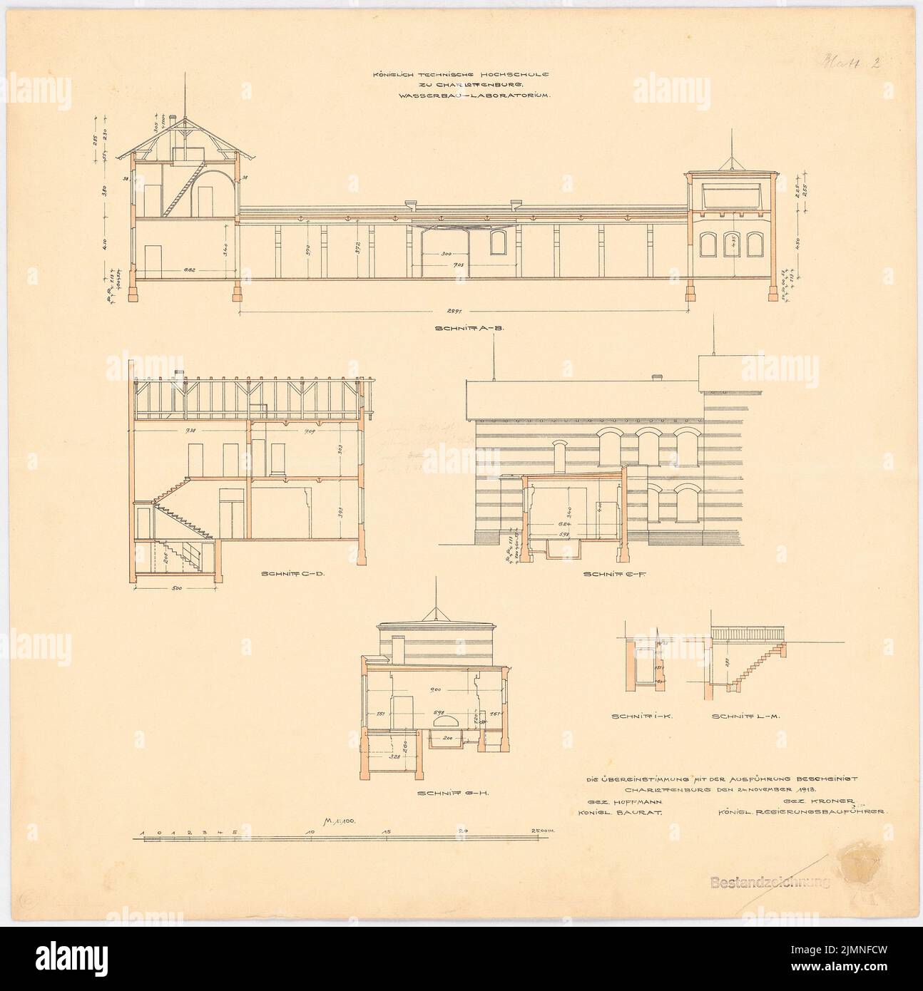 Hoffmann, Université technique Berlin-Charlottenburg. Laboratoire de Hyding (24 novembre 1913) : coupes A-B, C-D, E-F, G-H, I-K, L-M 1 : 100. Crayon sur lithographie coloré sur carton, 60,5 x 60,2 cm (y compris les bords de numérisation) Banque D'Images