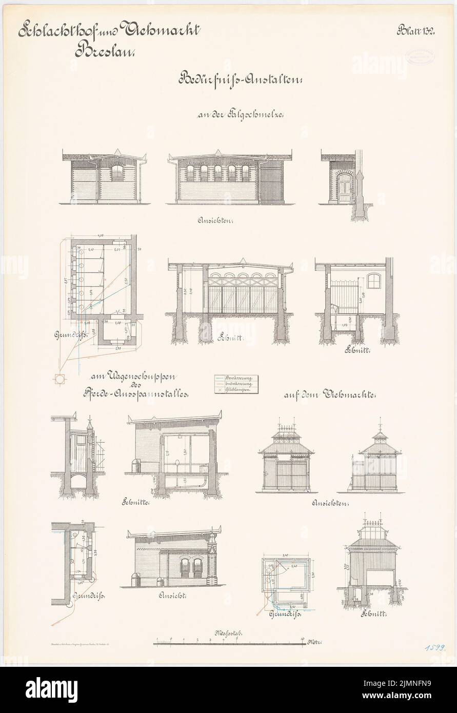 Plüddemann Richard (1846-1910), abattoir et marché du bétail, Wroclaw. Institutions de besoin (1894-1896): Institution de besoin sur les fontes de la vallée: Plan de plancher vues longitudinales transversales 1: 100. Besoin d'institution sur le marché du bétail: Plan de plancher coupé. Lithographie, 100,9 x 69,2 cm (y compris les bords de balayage) Banque D'Images