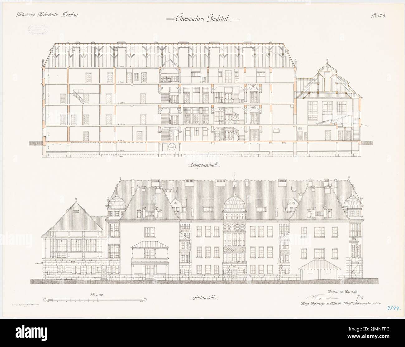 Thür Georg (1846-1924), Institut de chimie de l'Université technique de Wroclaw (1905-1910) : vue longitudinale sud 1 : 100. Lithographie, 71 x 90,4 cm (y compris les bords de balayage) Banque D'Images