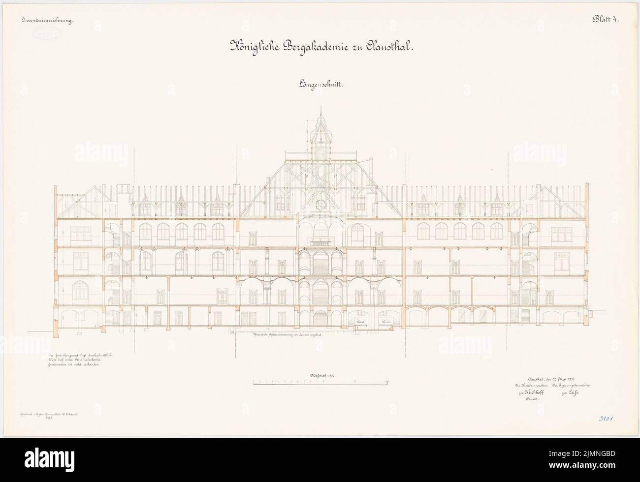 Architecte inconnu, Bergakademie in Clausthal (22 mai 1906): Section longitudinale 1: 100. Lithographie colorée, 68,9 x 100,5 cm (y compris les bords de numérisation) Banque D'Images