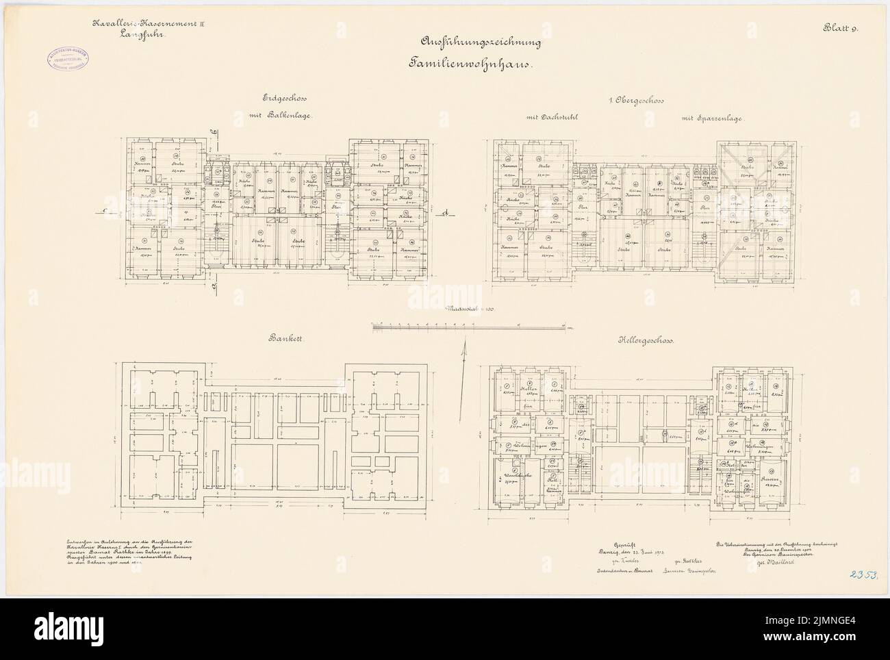 Rathke, Kavallerie Kasernement II à Gdansk-Langfuhr. Immeuble résidentiel familial (20 décembre 1902): Grundliss Bankett, KG, EG, 1st étages, 1 : 100. Lithographie, 64,9 x 96,5 cm (y compris les bords de balayage) Banque D'Images