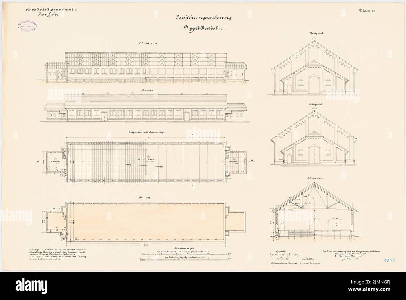 Rathke, Kavallerie Kasernement II à Gdansk-Langfuhr. Double circonscription (20.12.1902): Banquet de plan d'étage, EG, DG, section longitudinale, vue, 1: 200, coupe transversale, vue N-, S 1: 100. Lithographie, 64,9 x 96,7 cm (y compris les bords de balayage) Banque D'Images